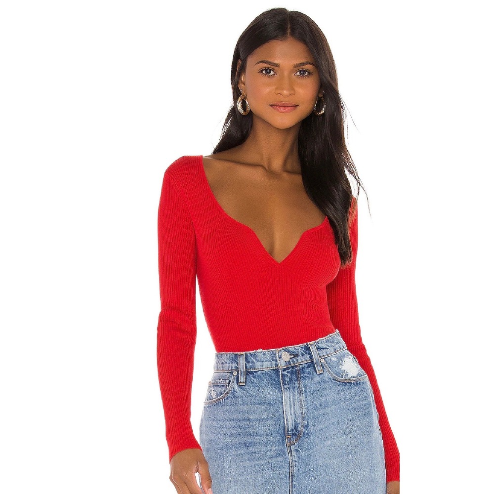 Lovers and Friends Darren Ribbed Knit Sweater Womens Small Red Deep V-Neck